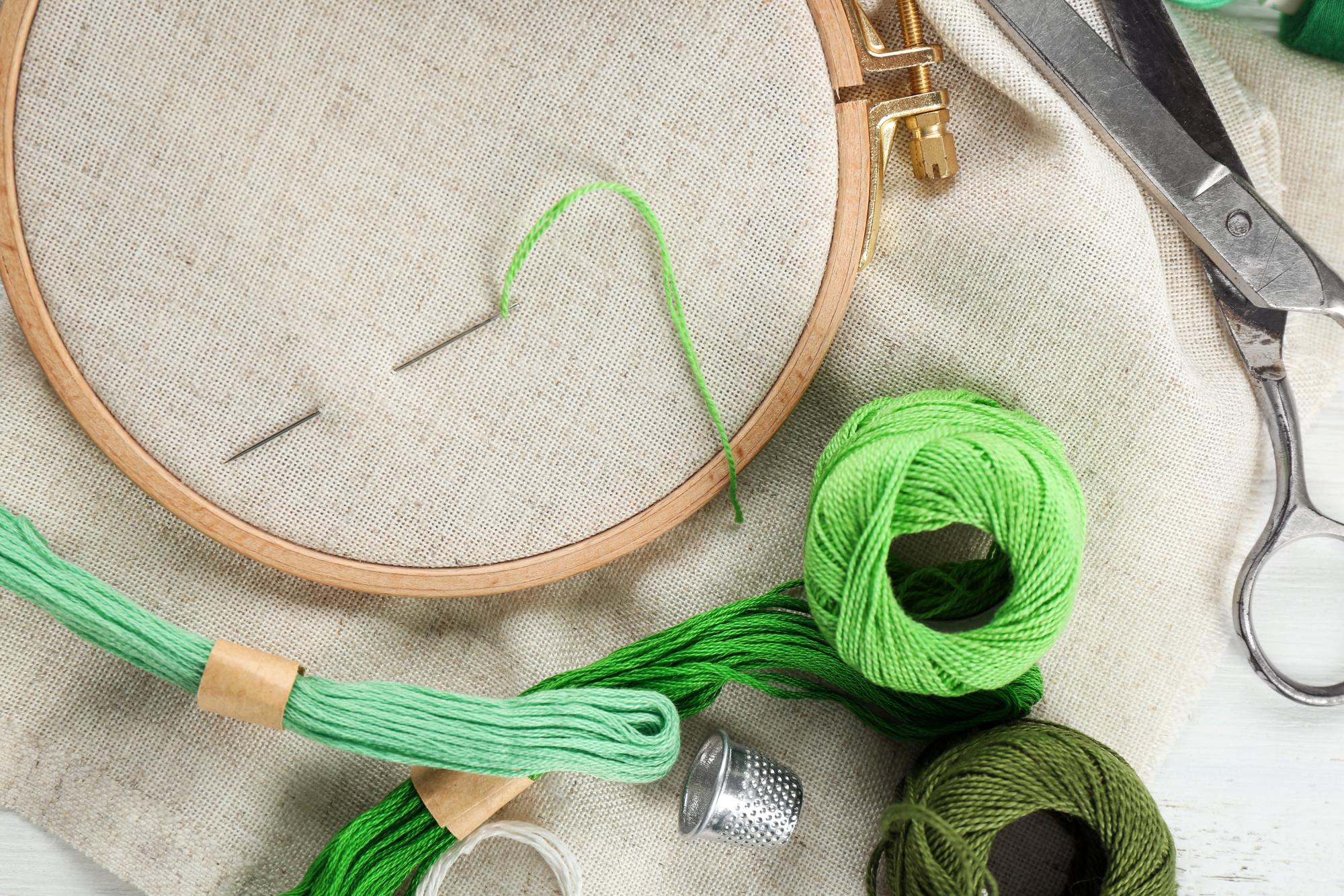Studio workbench with hoops and threads